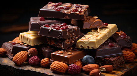 Various assortment of chocolate with paste, Chocolate background.の素材