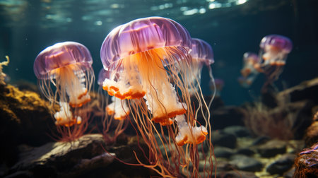 Close-up Of Jellyfish Swimming In Sea, Many small jellyfish Aurelia aurita.の素材