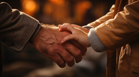 Close up of father holding little boy hand, New family, care, Love and baby protection concept.の素材