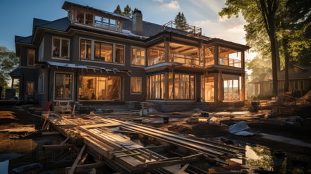 Interior frame of new house, Construction of a new home, House under construction.の素材