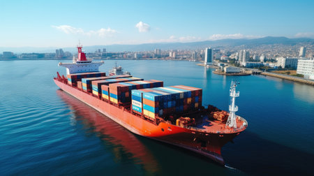 Container cargo ship leaving port. International logistics and transportation import and export.の素材