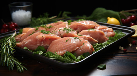 Front view fresh raw chicken, Raw chicken fillet on cutting board, Cooking dish salad food dinner.の素材