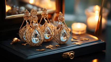 Golden jewellery in box on gray background, Different elegant bijouterie.の素材