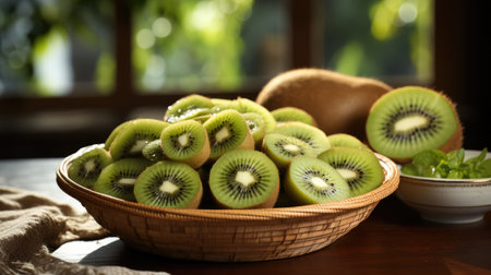 Basket of many whole and cut fresh kiwis, close up.の素材
