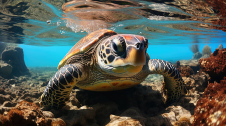 Hawaiian Green Sea Turtle swimming underwater.の素材