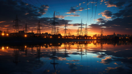 High voltage electric pole and transmission lines in the evening.の素材