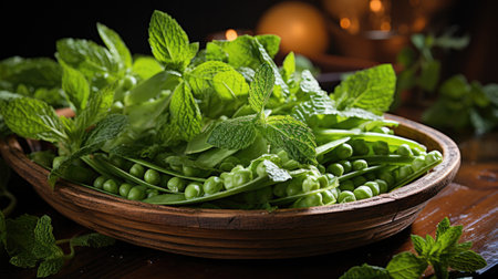 Sugar snap peas with mint on wood background, Fresh green peas.の素材