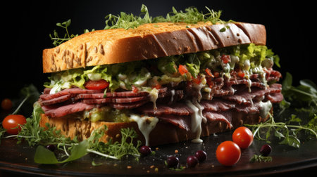 Tasty beef sandwich in black background, Fresh tasty burger, Delicious grilled burgers.の素材