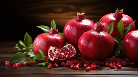 Ripe pomegranate fruits on the wooden background, Healthy pomegranate fruit with leaves and half of ripe pomegranate on a cutting board.の素材