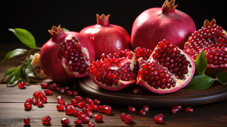 Ripe pomegranate fruits on the wooden background, Healthy pomegranate fruit with leaves and half of ripe pomegranate on a cutting board.の素材