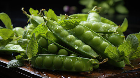 Sugar snap peas with mint on wood background, Fresh green peas.の素材