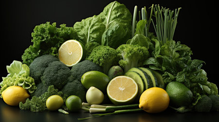 Various green vegetables and fruits, Asparagus, cucumbers, apples, avocado and onion, Different fruits and vegetables for eating healthy.の素材