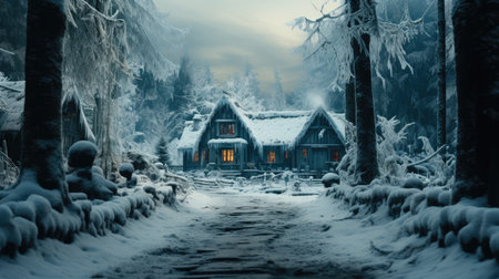 Cozy snow covered wooden house with smoking chimney among snowbound pine forest high on mountains at calm winter during snowfall.の素材