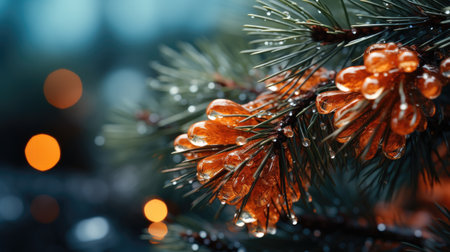 Fir tree branches with glowing Christmas lights background, Winter and holidays concept.の素材