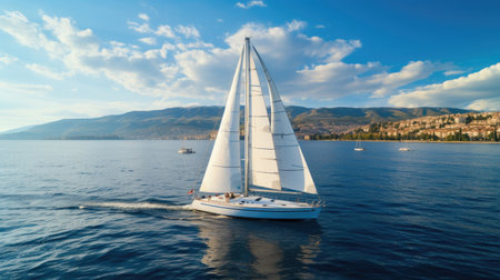 Yacht and blue water ocean, Sailing luxury yacht at open sea at sunny day.の素材