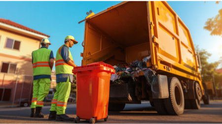 Two garbage men working together on emptying dustbins for trash removal with truck.の素材