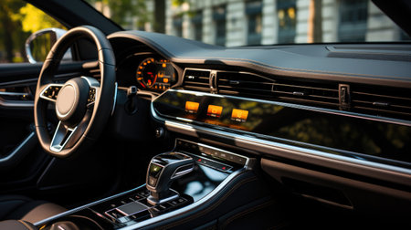 The interior of a prestigious modern carà¸¡ Front seats with steering wheel, dashboard and display.の素材