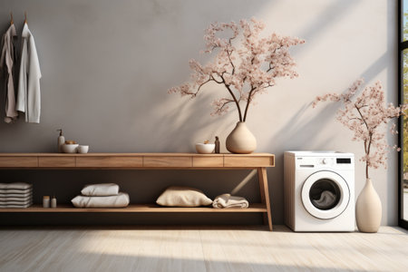 Wood minimal laundry room with plant, Laundry room interior.の素材