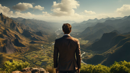 back view of businessman standing on top of mountain, Reaching business goals concept.の素材