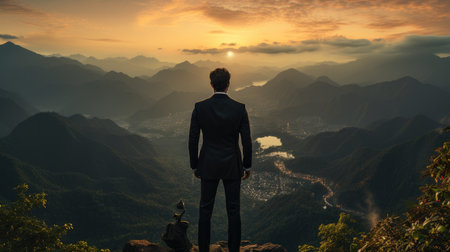 back view of businessman standing on top of mountain, Reaching business goals concept.の素材