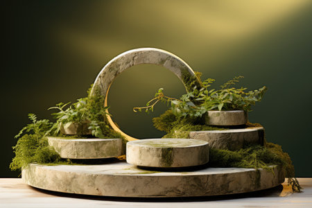 Abstract podium for organic cosmetic products, Stone podium with green moss, Natural style.の素材