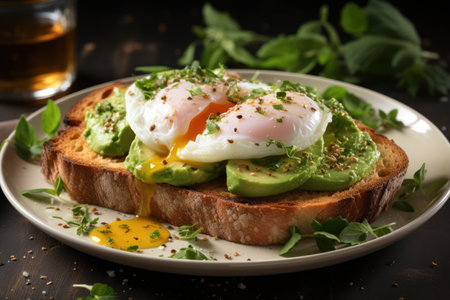 Avocado toast with poached egg, Concept of healthy breakfast, healthy lifestyle.の素材