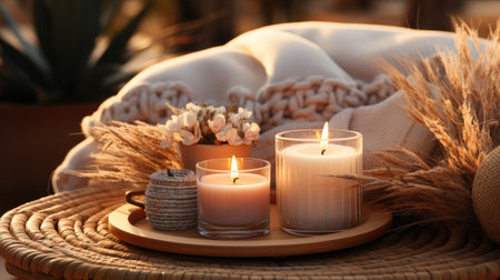 Elegant home decoration with wooden wick burning candle, Boho ethnic mockup.の素材