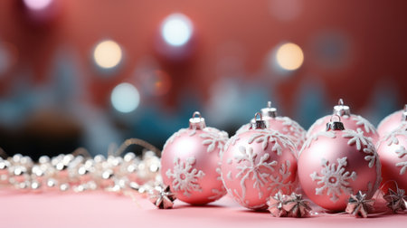 Christmas holidays composition with pink christmas Ball decorations on pink background with copy space.の素材