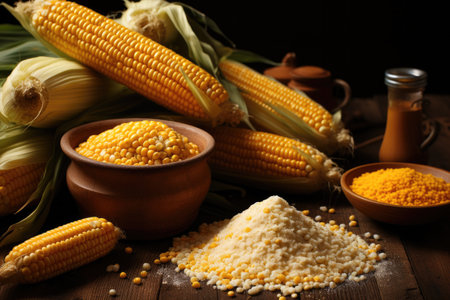 Flour and grits corn, Natural organic corn grits and cobs on the wooden table.の素材