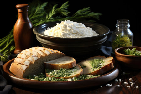 Flour buckwheat green in bowl with bread, Alternative flour.の素材