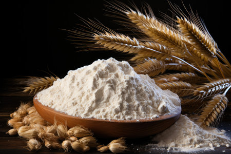 White wheat flour in wooden bowl on white background, Flour and wheat grain.の素材