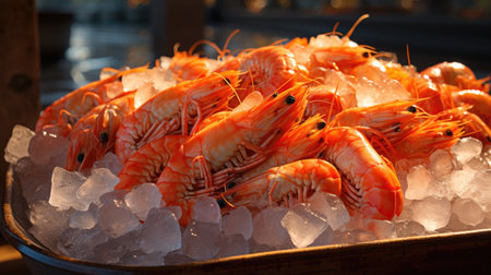 Fresh shrimps, Red shrimp on the ice at the supermarket.の素材