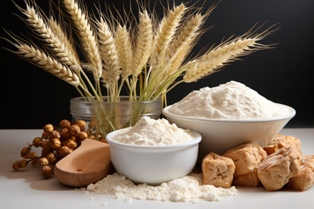 White wheat flour in wooden bowl on white background, Flour and wheat grain.の素材