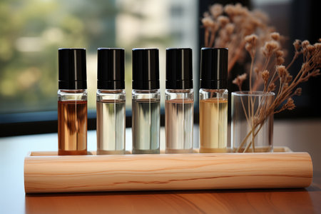 Glass tubes of cosmetic product with serum and cream on wooden shelf, Skin care concept.の素材
