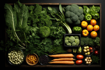 Fresh organic raw produce, Flat lay series of assorted green toned vegetables, Organic raw food concept.の素材