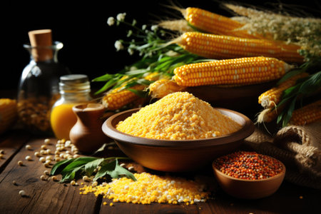 Flour and grits corn, Natural organic corn grits and cobs on the wooden table.の素材