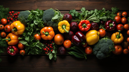 Healthy food, Fresh green vegetables and fruits, Different vegetables on a wooden deskの素材