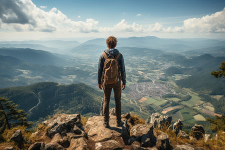 Hiker enjoying the trip in the top of mountain, Concept adventure active vacations, happiness, freedom emotions.の素材