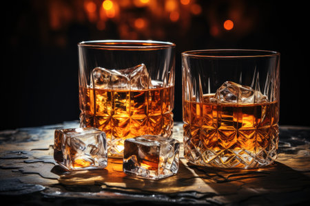 Whiskey with ice in glasses and bottle on dark background.の素材