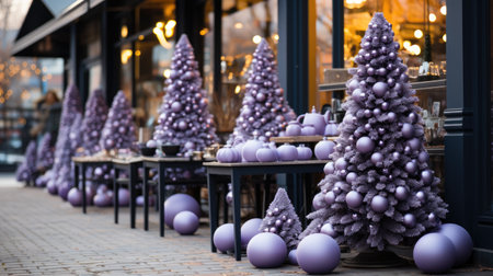 Merry Christmas, Modern purple christmas tree with ornaments and lights in store front or building facade, Christmas festive street decor for winter holidays.の素材
