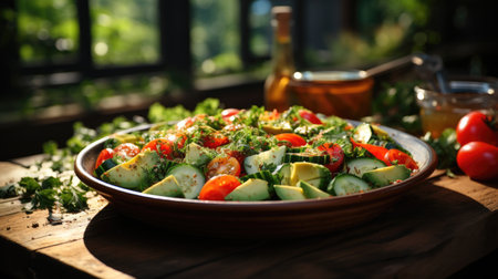 salad with vegetables and greens on wooden, Healthy food.の素材