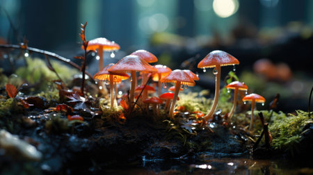 Poisonous mushroom, Red mushroom on top of a lush green forest.の素材