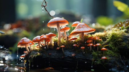 Poisonous mushroom, Red mushroom on top of a lush green forest.の素材