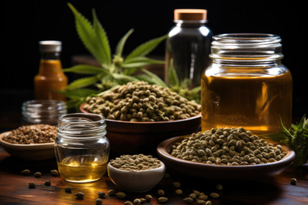 Seeds hemp on the table, oil in a glass jar, Medical marijuana concept, CBD cannabis OIL, hemp product.の素材