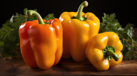 Sweet peppers on a wooden background for cooking vegetable salad, Fresh sweet pepper.の素材