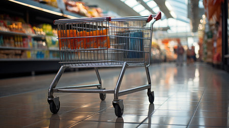 Shopping cart on supermarket aisle at department store.の素材