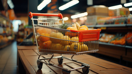 Supermarket aisle with shopping cart.の素材