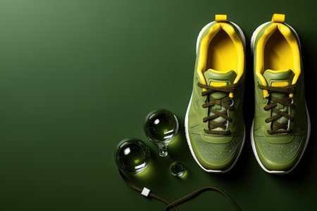 Sneakers and water bottle, Sport, Fitness and healthy lifestyle background, Top view.の素材