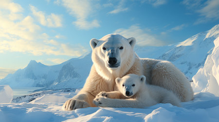 Two Polar bears relaxed on drifting ice with snow, Two animals playing in snow.の素材