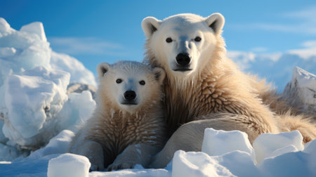 Two Polar bears relaxed on drifting ice with snow, Two animals playing in snow.の素材